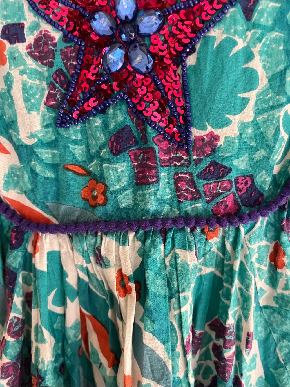 70’s Vintage Women's Teal Seaside Maxi Dress with Starfish Sequined Inset - Picture 4 of 8